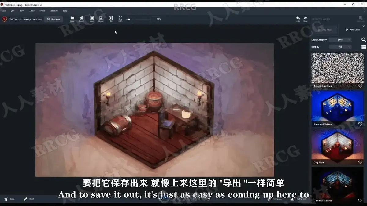 3D数字艺术家在宽大的显示器前运行Blender软件，屏幕上正实时渲染着一个极具精美质感与温馨光影的等距视角小型游戏微场景16