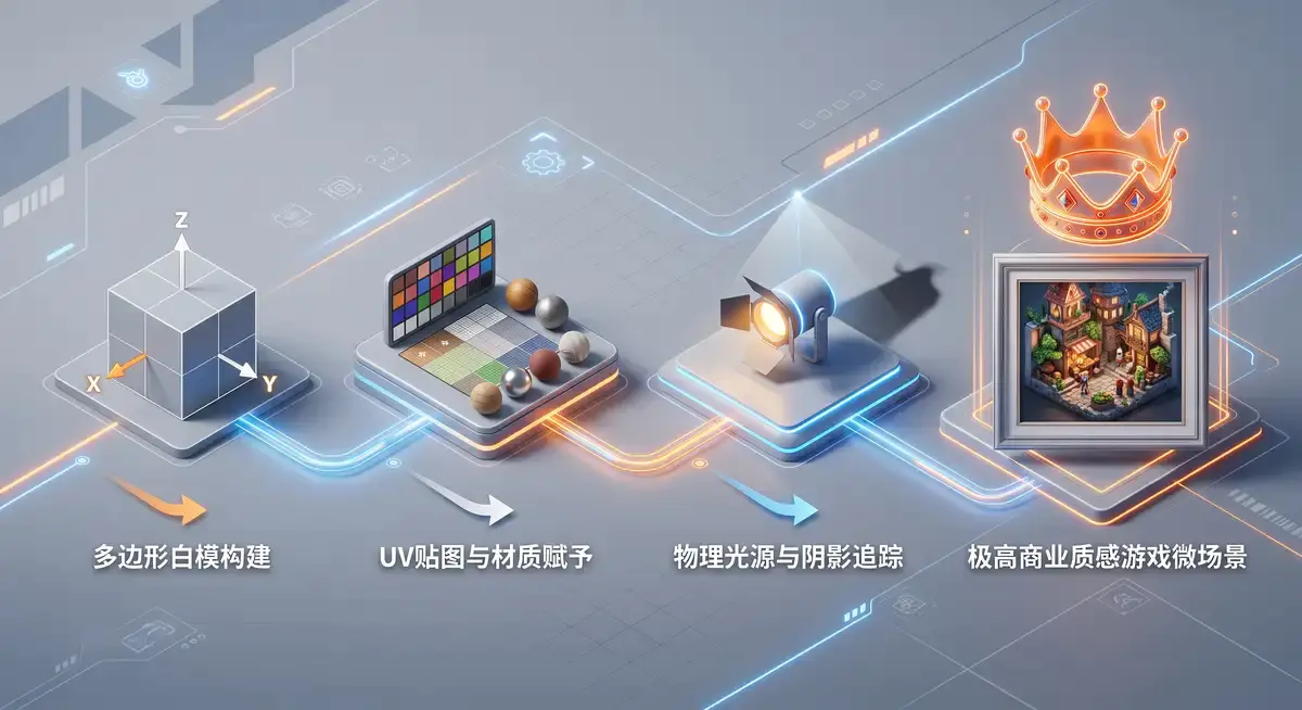 3D数字艺术家在宽大的显示器前运行Blender软件,屏幕上正实时渲染着一个极具精美质感与温馨光影的等距视角小型游戏微场景2