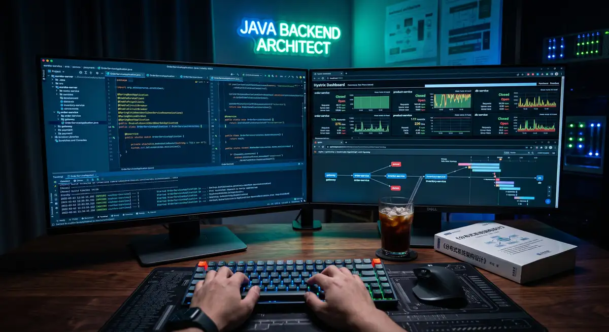 Java架构师在多屏工作站前使用IntelliJ IDEA编写Spring Cloud微服务代码，右侧屏幕展示着Eureka集群节点状态与Hystrix Dashboard的实时监控面板 (1)