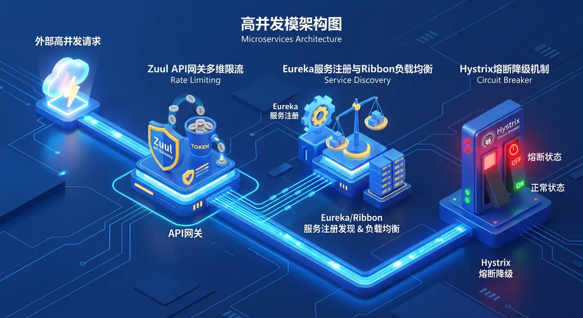 Java架构师在多屏工作站前使用IntelliJ IDEA编写Spring Cloud微服务代码，右侧屏幕展示着Eureka集群节点状态与Hystrix Dashboard的实时监控面板 (2)