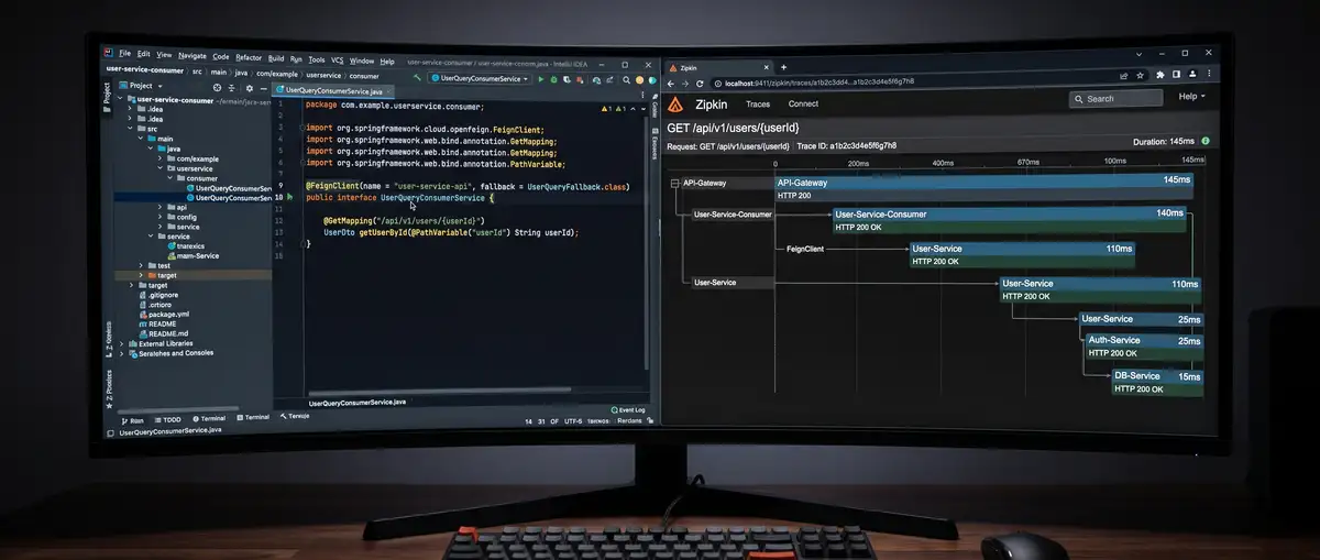 Java架构师在多屏工作站前使用IntelliJ IDEA编写Spring Cloud微服务代码，右侧屏幕展示着Eureka集群节点状态与Hystrix Dashboard的实时监控面板 (3)