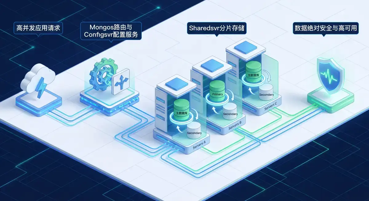 资深DBA(数据库管理员)在多屏工作站前,左侧屏幕显示着MongoDB副本集故障自动切换的命令行选举日志,右侧屏幕展示着庞大的分片集群(Sharding)数据流动可视化拓扑图2