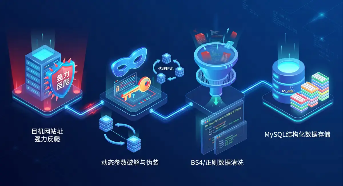 Python程序员在多屏工作站前编写爬虫代码,左侧屏幕显示着复杂的JSON动态请求解析日志,右侧屏幕展示着不断将抓取到的房源数据写入MySQL数据库的可视化界面2