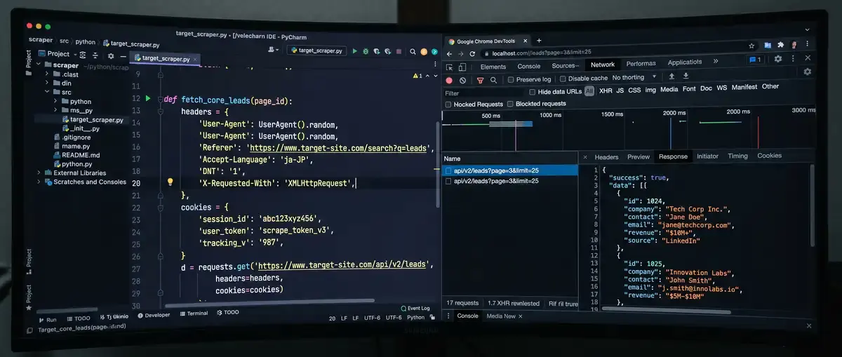 Python程序员在多屏工作站前编写爬虫代码,左侧屏幕显示着复杂的JSON动态请求解析日志,右侧屏幕展示着不断将抓取到的房源数据写入MySQL数据库的可视化界面3