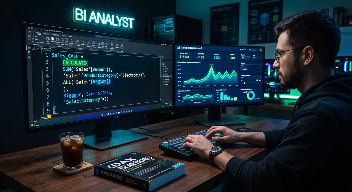 高级数据分析师在宽大的多屏工作站前运行Power BI Desktop，屏幕上清晰展示着复杂的DAX度量值公式与交互式的商业智能数据可视化仪表板1