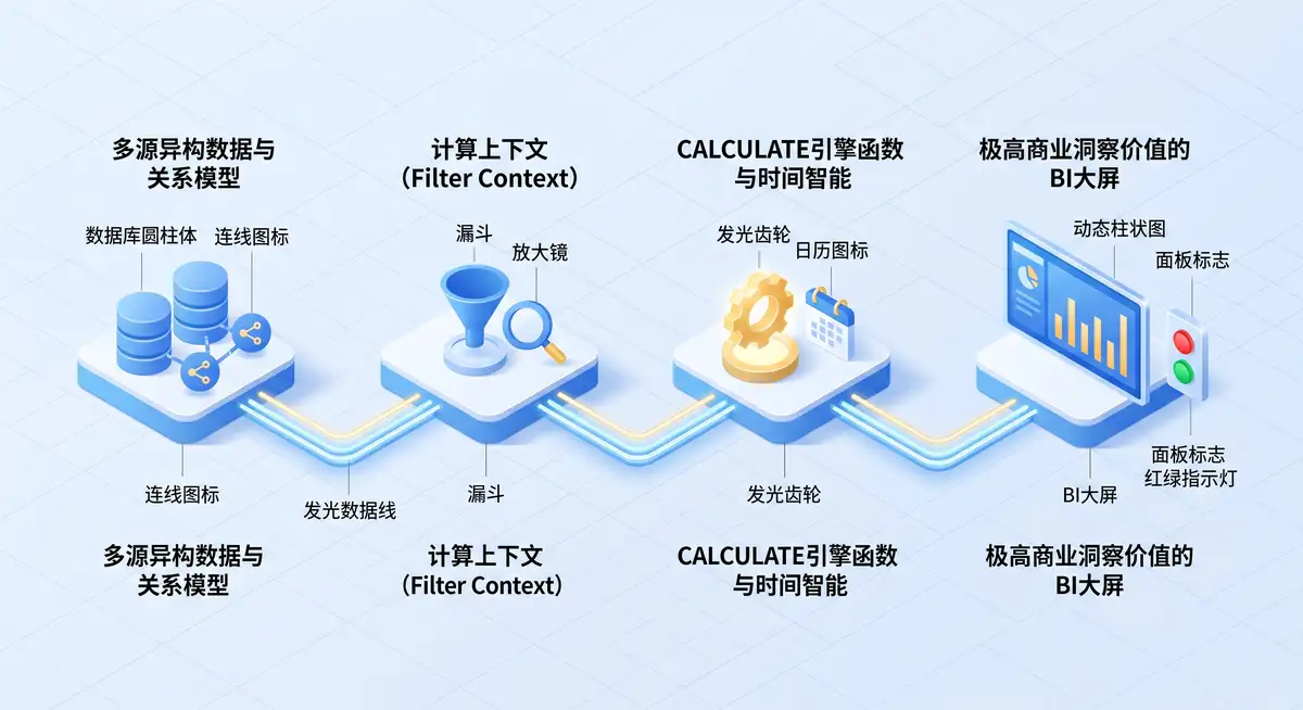 高级数据分析师在宽大的多屏工作站前运行Power BI Desktop，屏幕上清晰展示着复杂的DAX度量值公式与交互式的商业智能数据可视化仪表板2