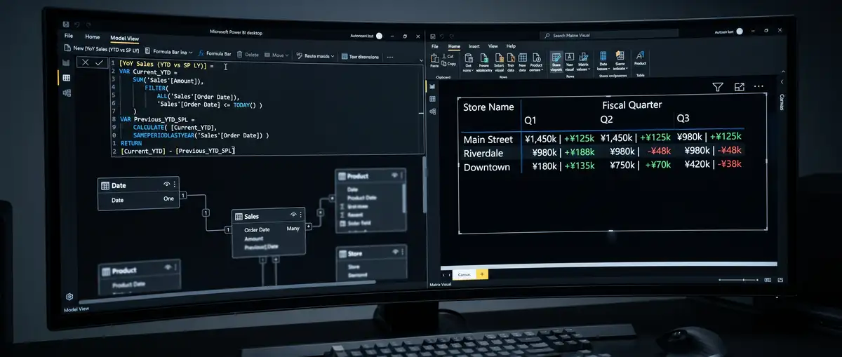 高级数据分析师在宽大的多屏工作站前运行Power BI Desktop，屏幕上清晰展示着复杂的DAX度量值公式与交互式的商业智能数据可视化仪表板3