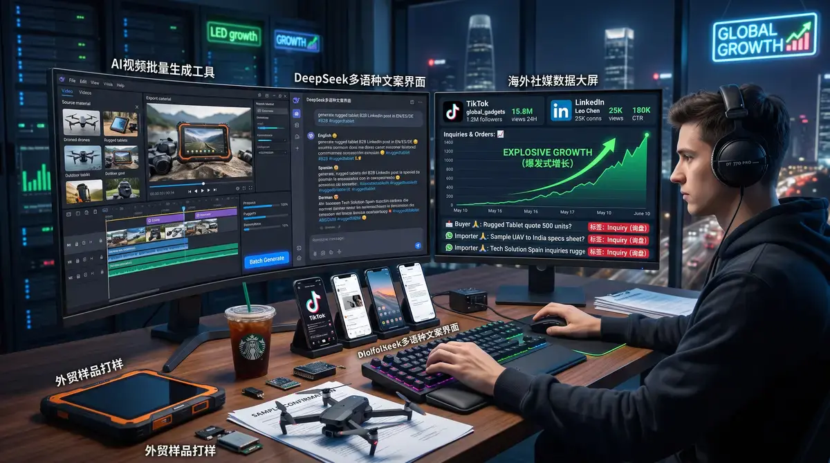 资深外贸操盘手在多屏工作站前,利用AI工具批量生成多语种海外短视频,右侧屏幕展示着TikTok与LinkedIn等平台上源源不断涌入的B2B精准采购询盘1
