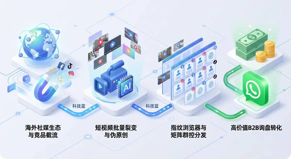 资深外贸操盘手在多屏工作站前,利用AI工具批量生成多语种海外短视频,右侧屏幕展示着TikTok与LinkedIn等平台上源源不断涌入的B2B精准采购询盘2