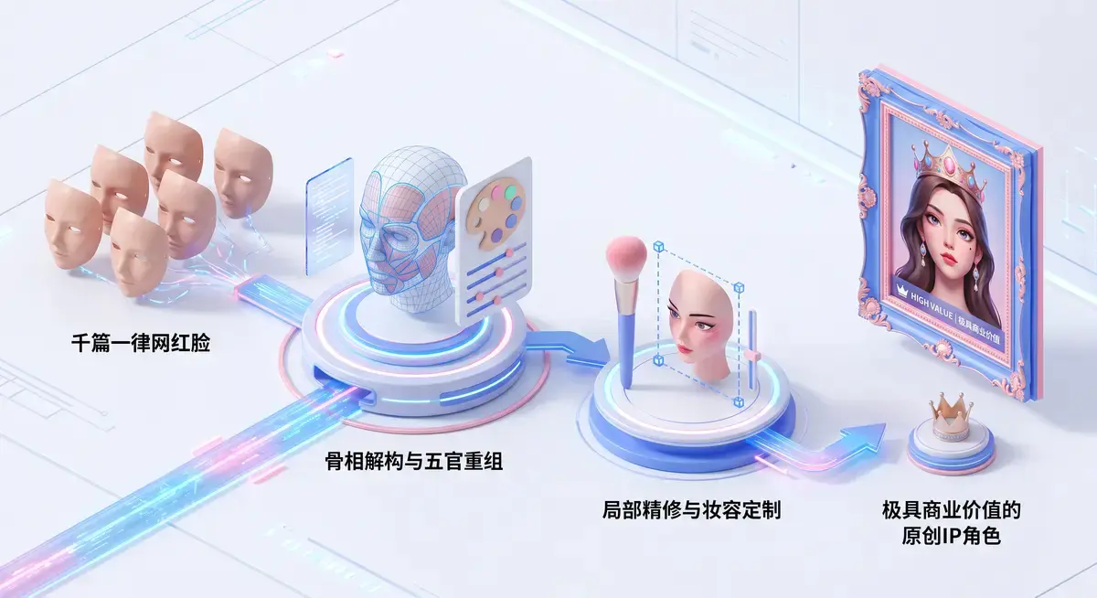 资深AI美术指导在多屏工作站前运行Midjourney客户端,屏幕上正通过局部重绘与五官微调技术,将一张基础的AI网红脸修改为极具辨识度与电影质感的原创角色 (2)