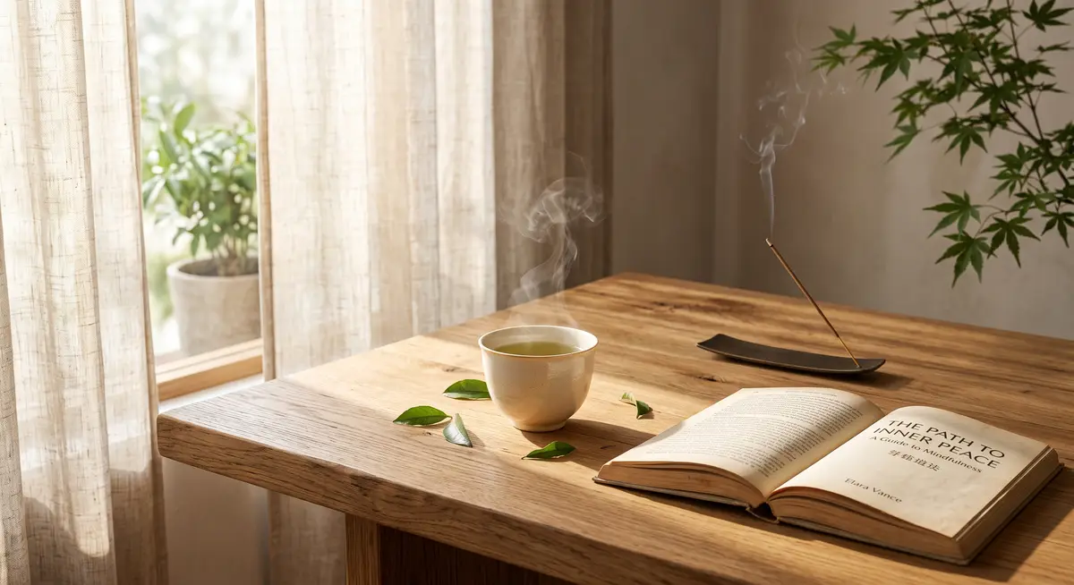 午后温暖的阳光洒在原木茶桌上，一杯热茶正冒着轻烟，旁边放着一本翻开的书，背景是生机盎然的绿植，展现出极度松弛与通透的生活状态 (2)