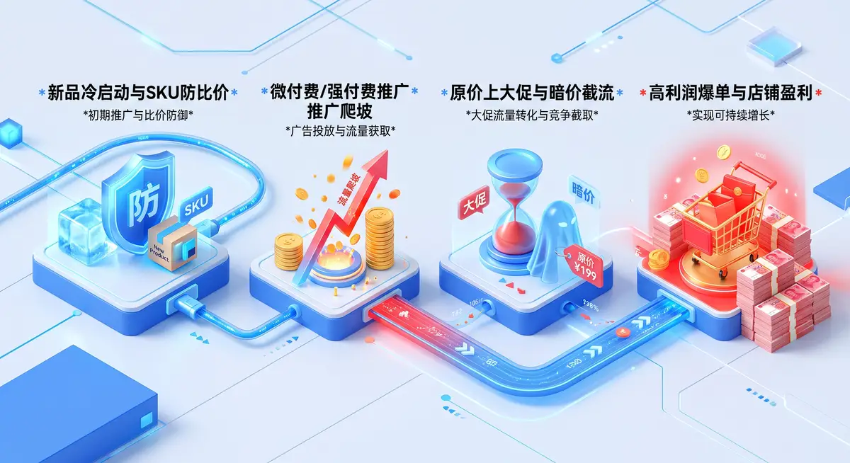 资深电商运营总监在多屏工作站前，左侧屏幕展示着拼多多商家后台的微付费高投产数据罗盘，右侧屏幕正在对商品SKU进行防比价的精准布局调整 (2)