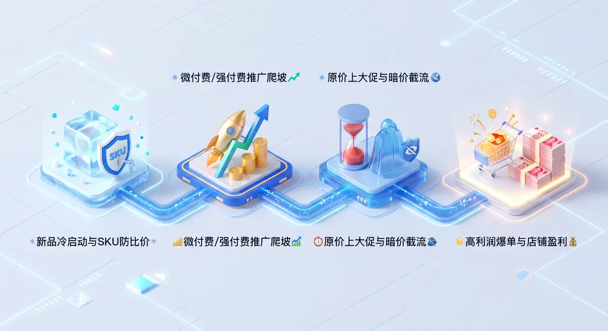 资深电商运营总监在多屏工作站前，左侧屏幕展示着拼多多商家后台的微付费高投产数据罗盘，右侧屏幕正在对商品SKU进行防比价的精准布局调整 (3)