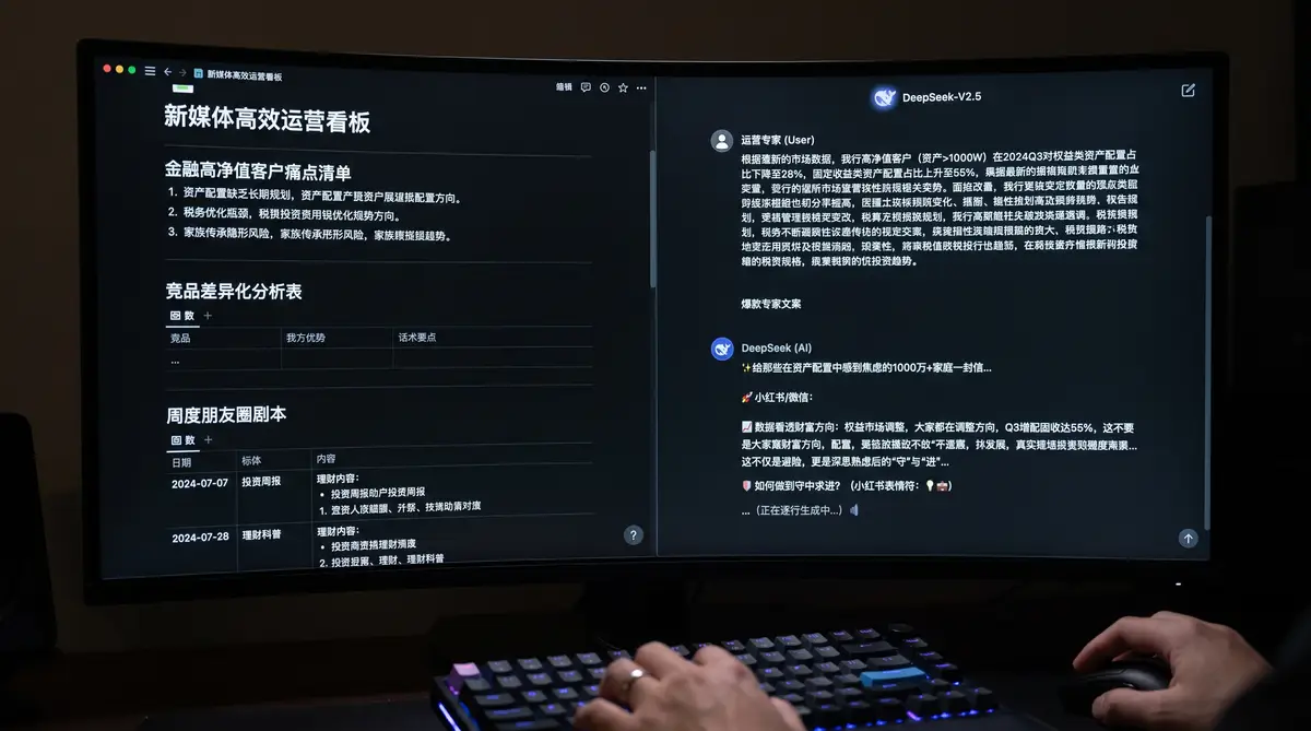 资深新媒体营销操盘手在多屏工作站前,利用数据大屏分析高净值目标用户画像,并制定极具辨识度的个人IP内容矩阵策略 (3)