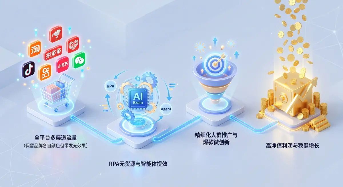 资深电商操盘手在多屏工作站前,利用AI数据分析面板监控着淘系、拼多多、抖音和小红书四个平台店铺的实时订单与全站推广投产比(ROI) (2)