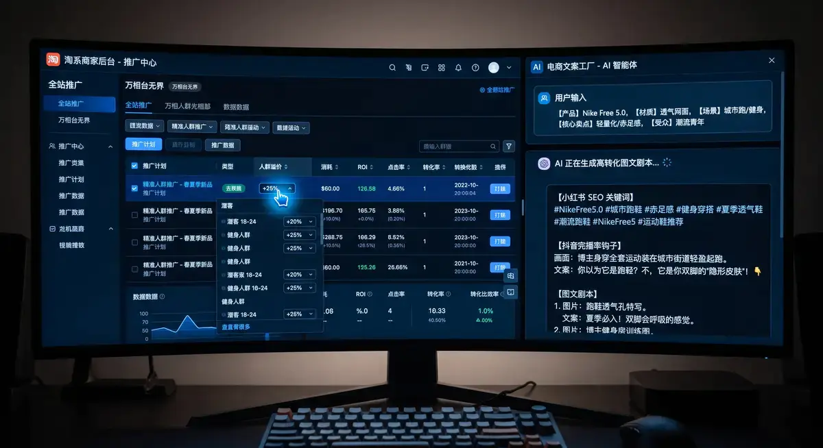 资深电商操盘手在多屏工作站前,利用AI数据分析面板监控着淘系、拼多多、抖音和小红书四个平台店铺的实时订单与全站推广投产比(ROI) (2)