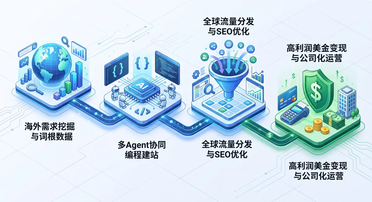 独立开发者在双屏工作站前，左侧屏幕运行着OpenClaw多Agent自动化建站的终端代码，右侧屏幕展示着Stripe后台不断涌入的美金收款通知与Google Analytics实时流量爆发图表 (2)