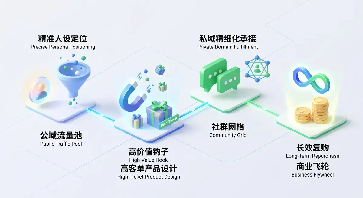 资深个人IP主理人在多屏工作站前,左侧屏幕使用剪映专业版精修一段口播引流短视频,右侧屏幕展示着极其清晰的私域社群转化漏斗与高客单产品的营收数据看板 (2)