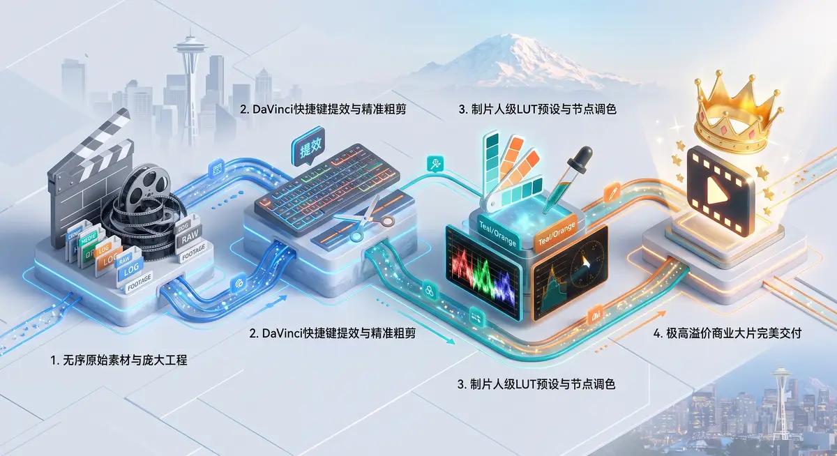 资深数字调色师在光线极佳的专业后期工作棚内，面对超宽带鱼屏显示器，左侧屏幕显示DaVinci Resolve极其复杂的节点调色网状树，右侧屏幕正实时监看应用了高级LUT预设的4K电影质感画面 (2)