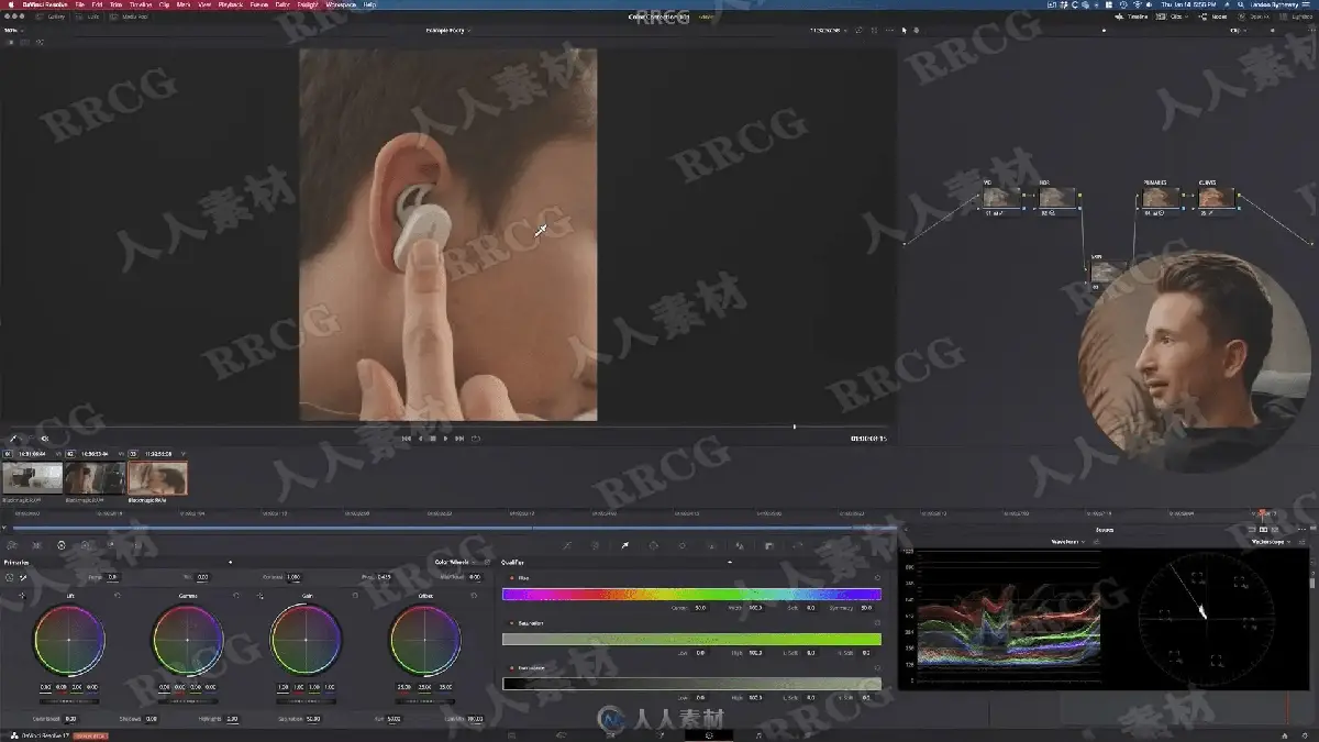 资深数字调色师在光线极佳的专业后期工作棚内，面对超宽带鱼屏显示器，左侧屏幕显示DaVinci Resolve极其复杂的节点调色网状树，右侧屏幕正实时监看应用了高级LUT预设的4K电影质感画面 (10)