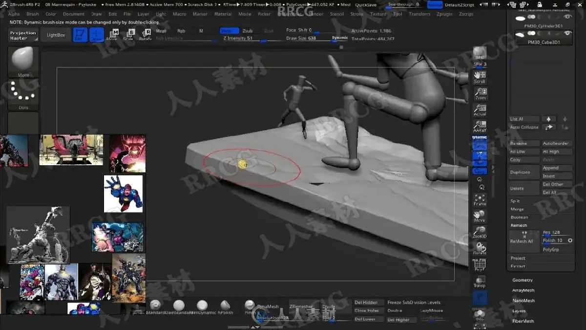 资深3D数字雕刻师在极具赛博朋克氛围的专业工作室里，正使用Wacom Cintiq数位屏与触控笔在ZBrush中精细雕刻漫威X战警与哨兵机器人的史诗级战斗场景模型，画面极具硬核工业质感9