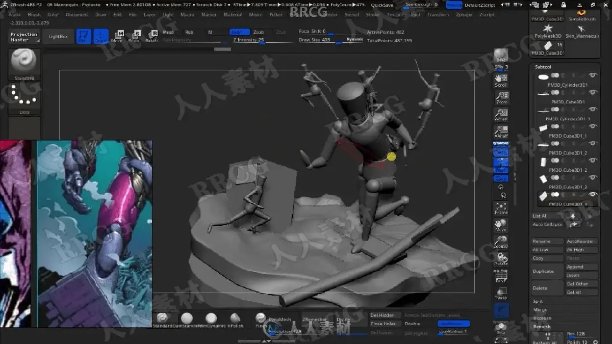 资深3D数字雕刻师在极具赛博朋克氛围的专业工作室里，正使用Wacom Cintiq数位屏与触控笔在ZBrush中精细雕刻漫威X战警与哨兵机器人的史诗级战斗场景模型，画面极具硬核工业质感10