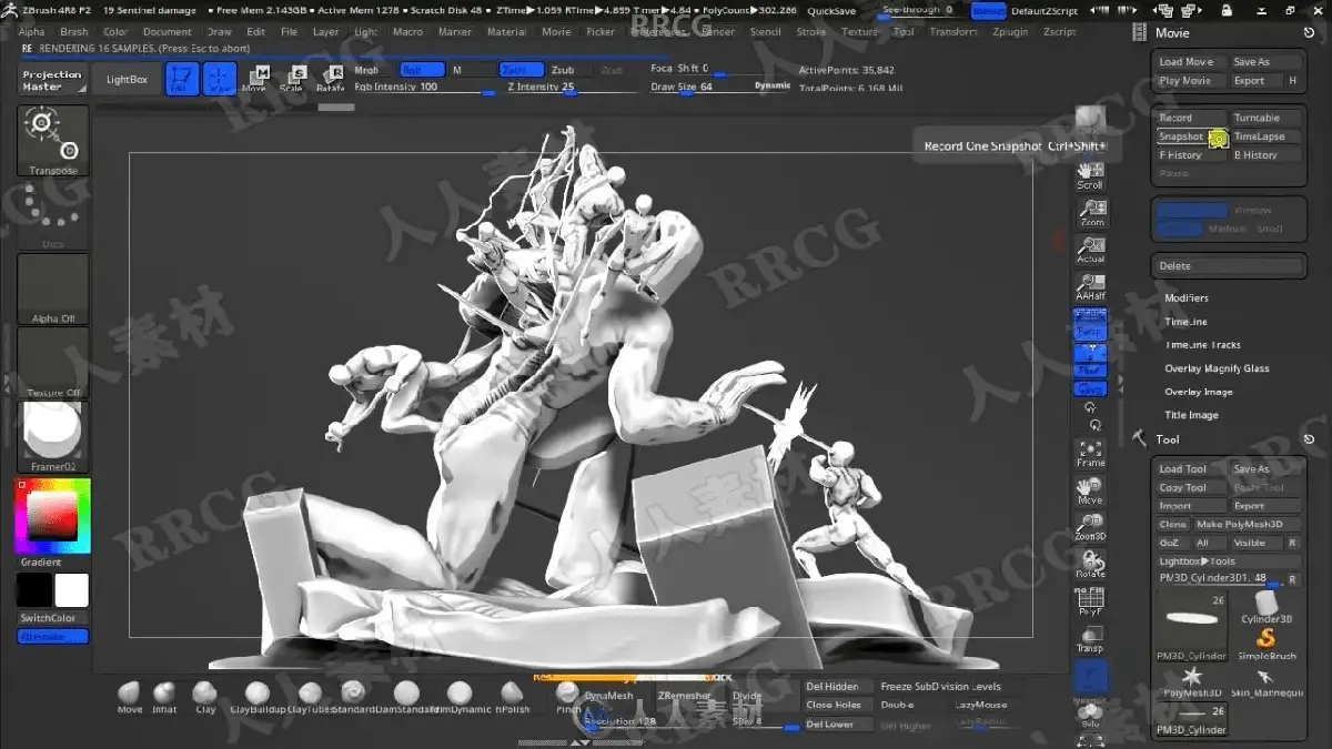 资深3D数字雕刻师在极具赛博朋克氛围的专业工作室里，正使用Wacom Cintiq数位屏与触控笔在ZBrush中精细雕刻漫威X战警与哨兵机器人的史诗级战斗场景模型，画面极具硬核工业质感17