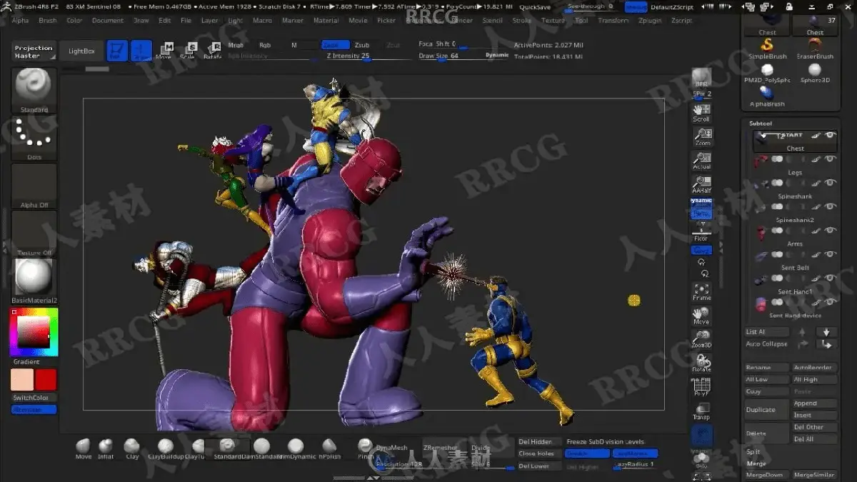 资深3D数字雕刻师在极具赛博朋克氛围的专业工作室里，正使用Wacom Cintiq数位屏与触控笔在ZBrush中精细雕刻漫威X战警与哨兵机器人的史诗级战斗场景模型，画面极具硬核工业质感19