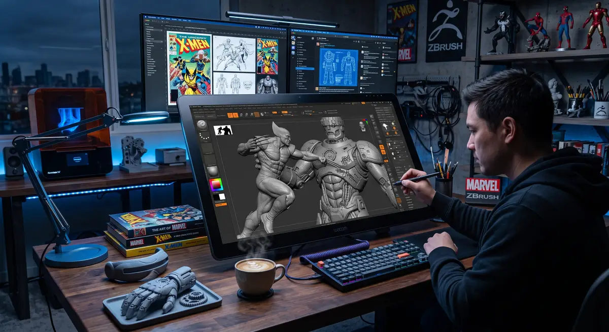 资深3D数字雕刻师在极具赛博朋克氛围的专业工作室里，正使用Wacom Cintiq数位屏与触控笔在ZBrush中精细雕刻漫威X战警与哨兵机器人的史诗级战斗场景模型，画面极具硬核工业质感 (1)