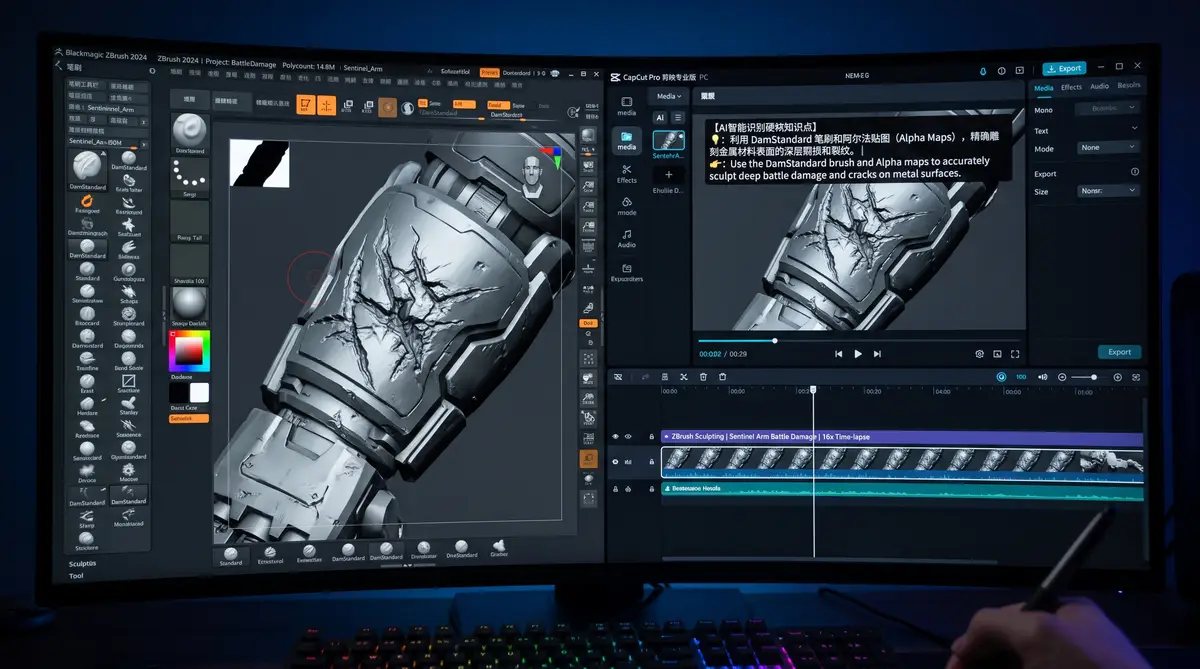 资深3D数字雕刻师在极具赛博朋克氛围的专业工作室里，正使用Wacom Cintiq数位屏与触控笔在ZBrush中精细雕刻漫威X战警与哨兵机器人的史诗级战斗场景模型，画面极具硬核工业质感 (3)