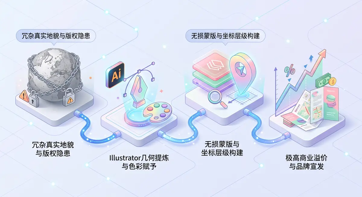 资深视觉设计师在光线明亮的工作室内，面对超高清专业绘图显示器，正熟练使用Adobe Illustrator的钢笔工具与高级蒙版功能，精细勾勒一张极具扁平化现代设计感的城市商业导览地图 (3)