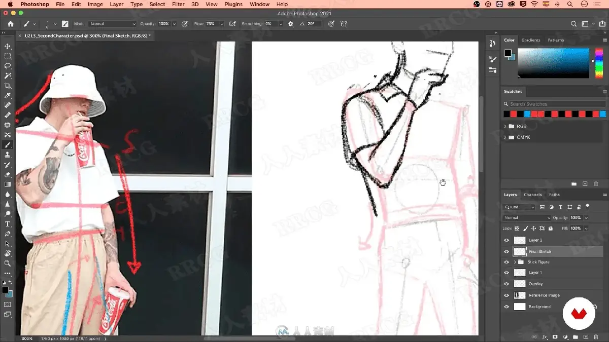 资深原画插画师在光线柔和的个人工作室中，正使用 Wacom 新帝数位屏在 Photoshop 中精细刻画一位极具动感与张力的赛博朋克风女性角色，左侧副屏清晰显示着作为光影参考的真实摄影照片16