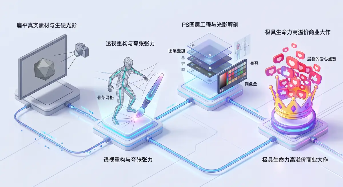资深原画插画师在光线柔和的个人工作室中，正使用 Wacom 新帝数位屏在 Photoshop 中精细刻画一位极具动感与张力的赛博朋克风女性角色，左侧副屏清晰显示着作为光影参考的真实摄影照片 (2)