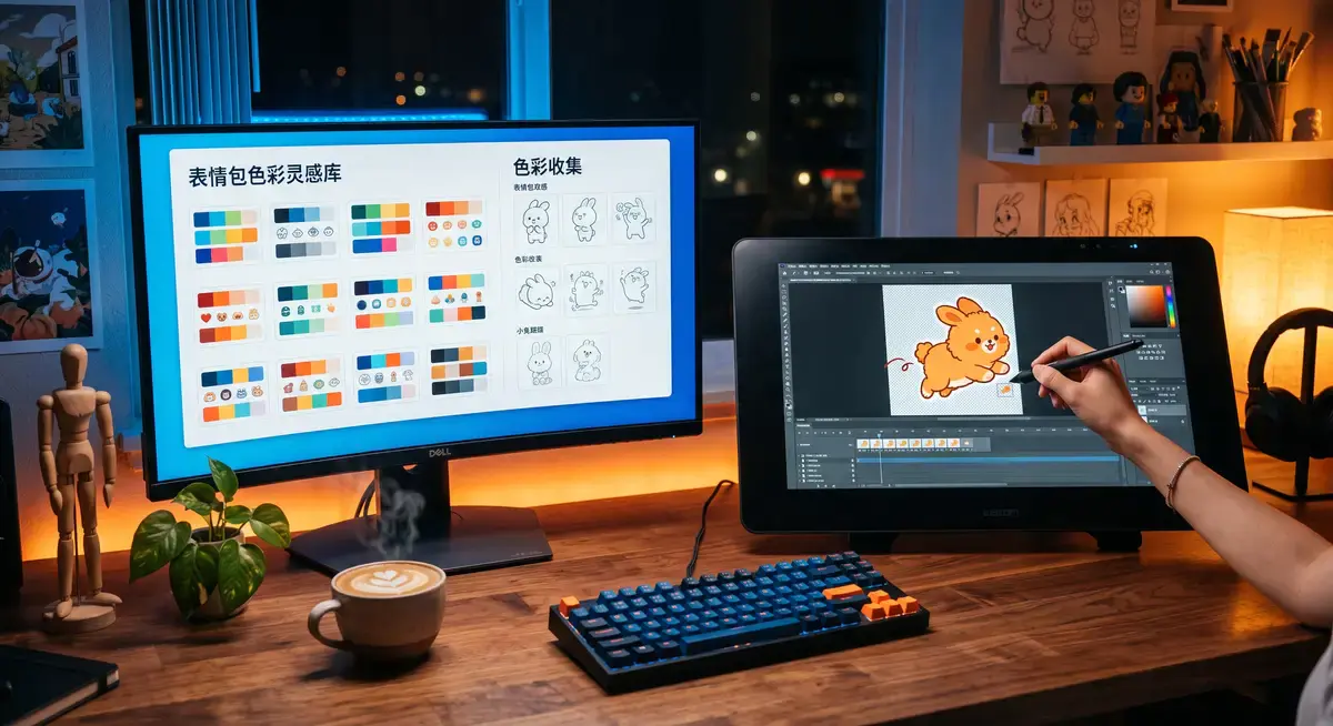 独立插画师在光线温馨的工作室内,正使用数位屏在Photoshop时间轴面板上精细调整一张卡通风格动态贴纸的逐帧播放速度,画面呈现出生动的循环动画效果 (1)