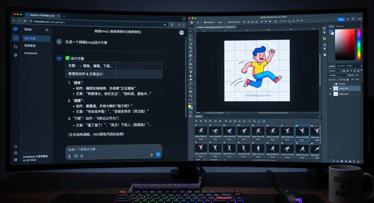 独立插画师在光线温馨的工作室内,正使用数位屏在Photoshop时间轴面板上精细调整一张卡通风格动态贴纸的逐帧播放速度,画面呈现出生动的循环动画效果 (3)