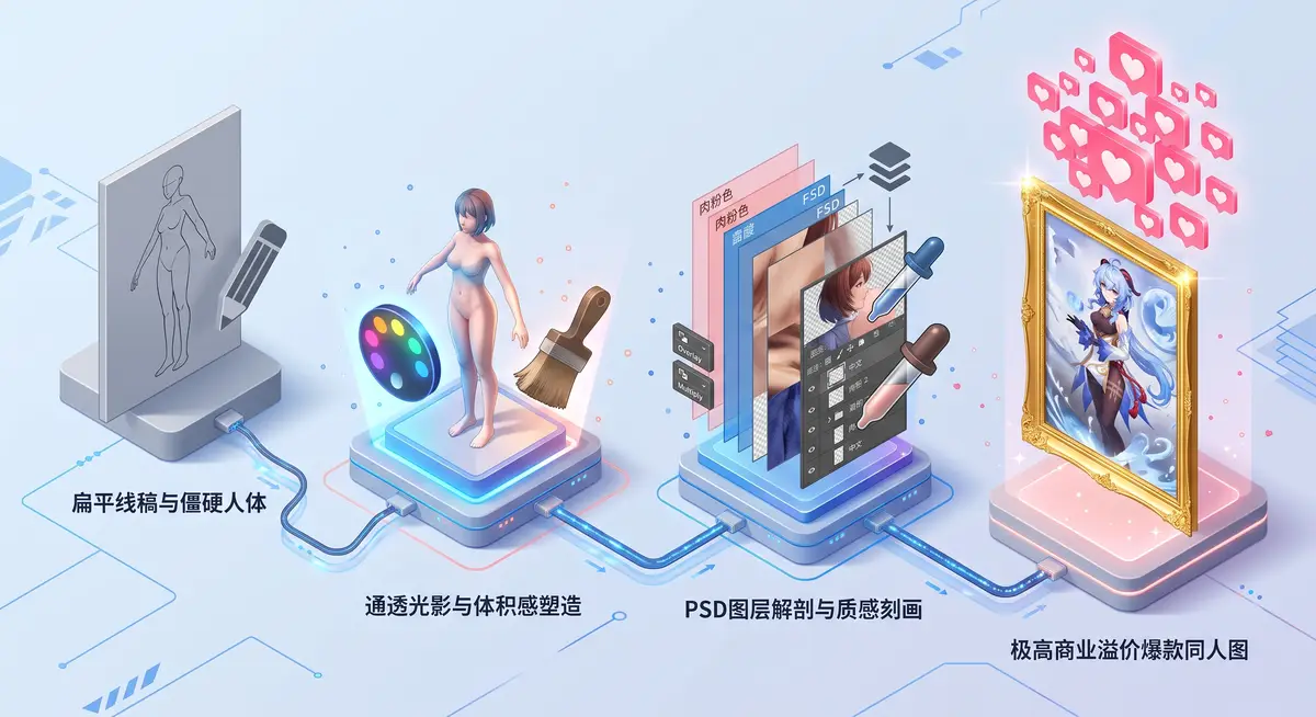 资深原画师在专业电竞级暗房内，使用Wacom新帝数位屏深度拆解Sakimichan的PSD源文件，屏幕上正高亮显示绝美动漫女性角色的高光图层与极其细腻的笔刷肌理 (2)