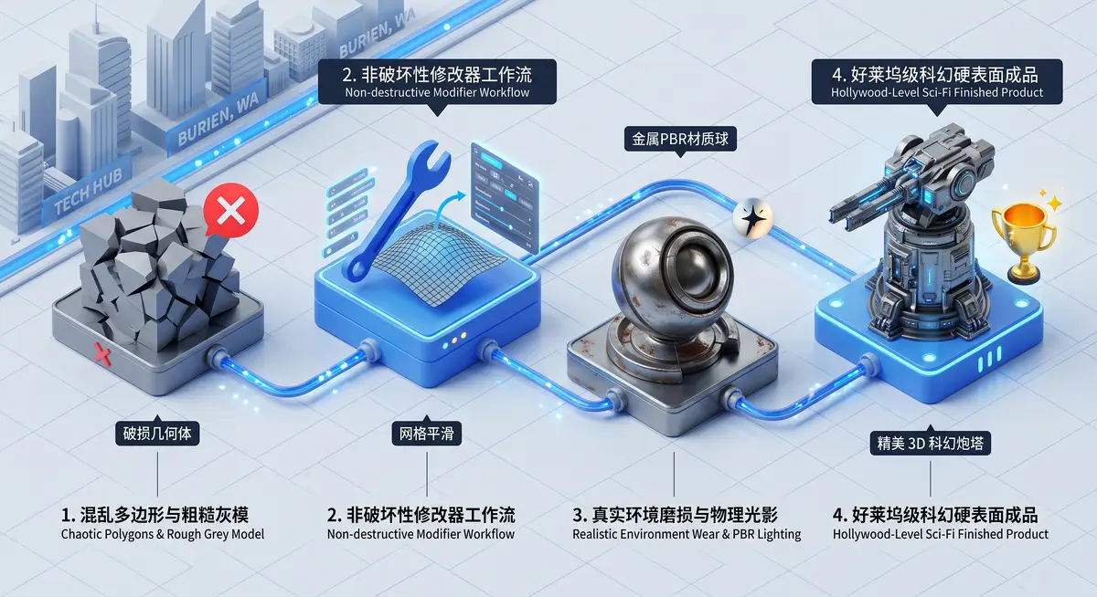 资深3D场景艺术家在光线极具赛博朋克氛围的暗房内，使用高配双屏工作站运行Blender，左屏显示极其复杂的科幻炮塔硬表面线框拓扑，右屏展示着完美映射PBR质感贴图与全局光照的逼真渲染成品 (2)