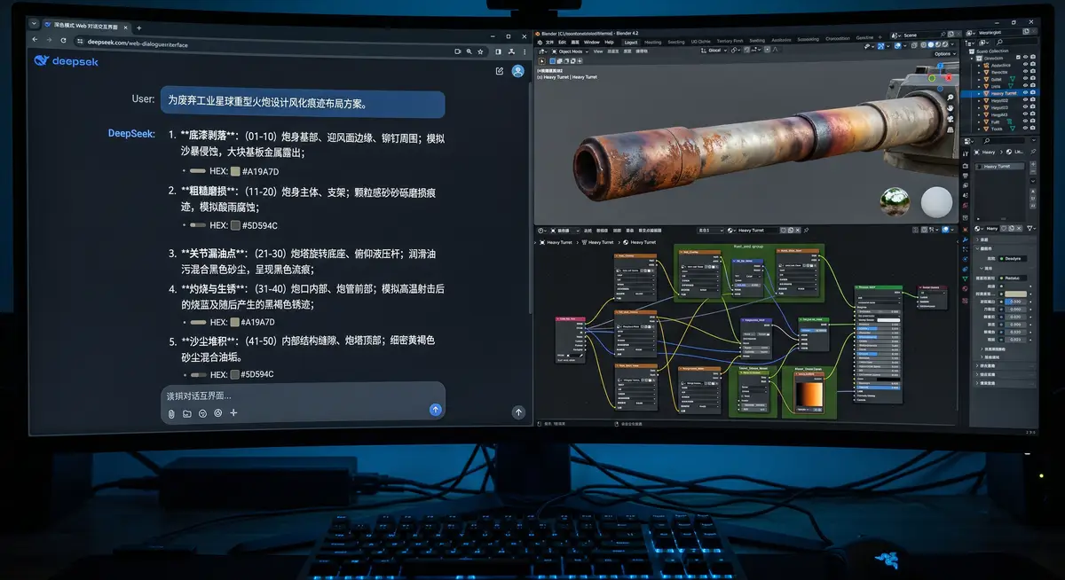 资深3D场景艺术家在光线极具赛博朋克氛围的暗房内，使用高配双屏工作站运行Blender，左屏显示极其复杂的科幻炮塔硬表面线框拓扑，右屏展示着完美映射PBR质感贴图与全局光照的逼真渲染成品 (3)