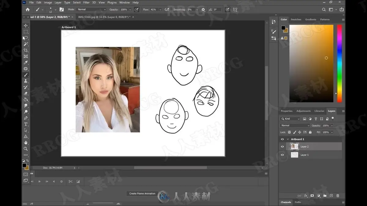 独立插画师在光线明亮的工作室内，正使用Wacom数位屏在Photoshop中对着左侧的真人参考照片，精细勾勒一张结构严谨的女性面部线稿6