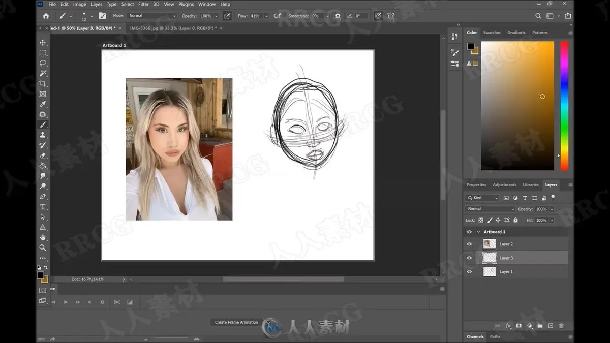 独立插画师在光线明亮的工作室内，正使用Wacom数位屏在Photoshop中对着左侧的真人参考照片，精细勾勒一张结构严谨的女性面部线稿8