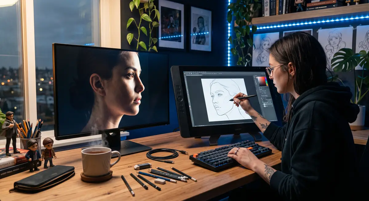 独立插画师在光线明亮的工作室内，正使用Wacom数位屏在Photoshop中对着左侧的真人参考照片，精细勾勒一张结构严谨的女性面部线稿1
