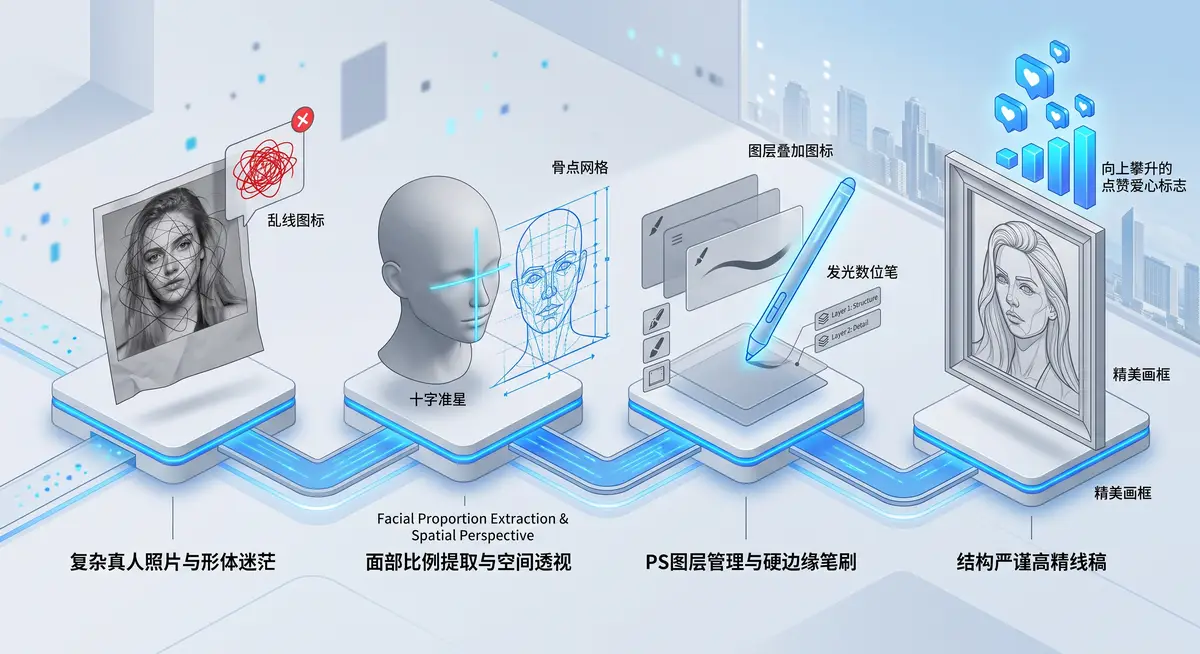 独立插画师在光线明亮的工作室内，正使用Wacom数位屏在Photoshop中对着左侧的真人参考照片，精细勾勒一张结构严谨的女性面部线稿2