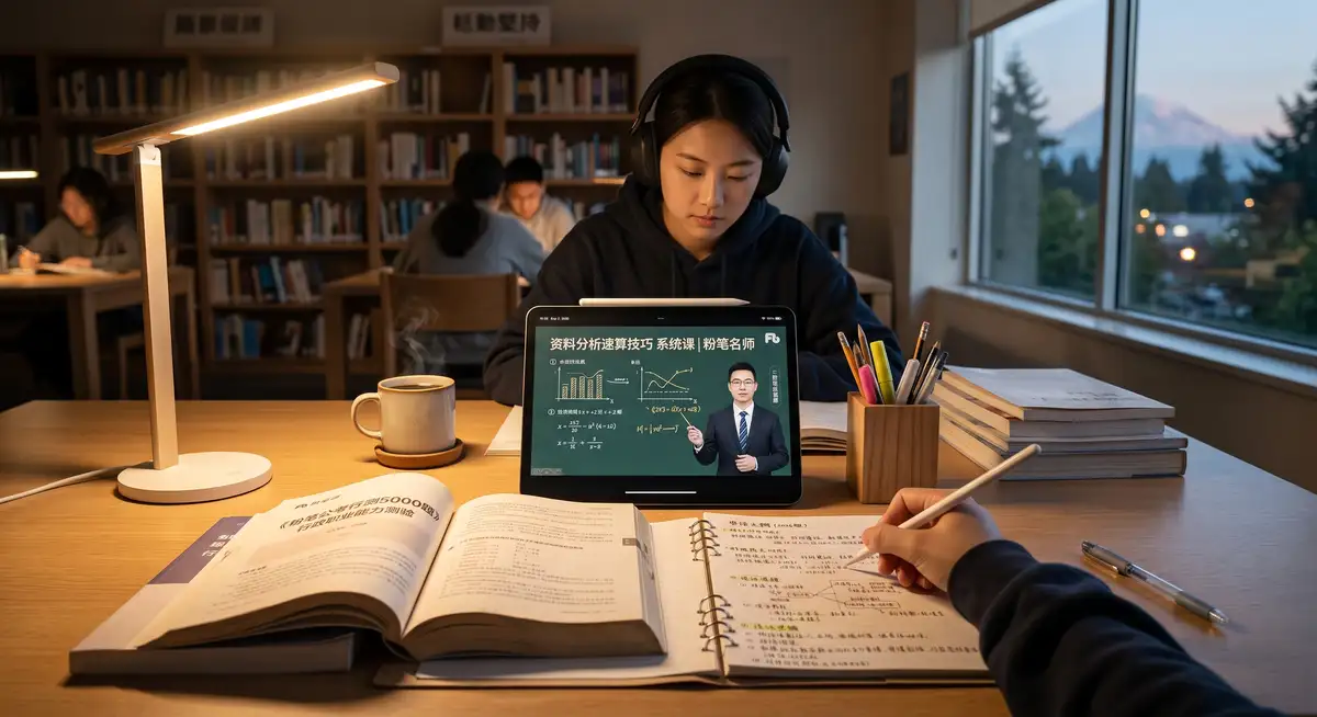 宽敞明亮的自习室里,一位备考者正在宽大的木桌前专注学习。桌上摆放着一台高配平板,屏幕上正播放着粉笔公考的“行测资料分析”系统精讲课,旁边堆叠着打印好的《粉笔980讲义》与《时政热点笔记》,画面充满浓厚的沉浸式备考氛围