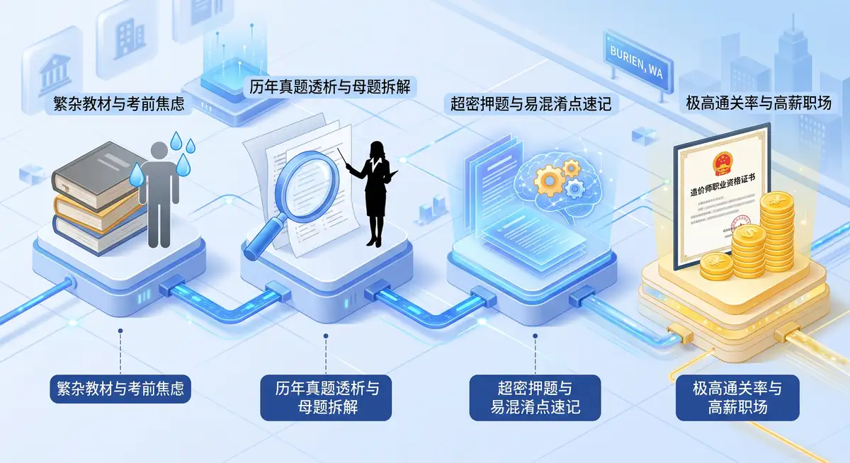 建筑工程师在摆满建筑图纸与安全帽的办公桌前,正使用高配平板电脑全神贯注地观看一级造价师《土建计量》考前冲刺直播课,屏幕上展示着极其复杂的工程地下连续墙施工剖面图 (2)