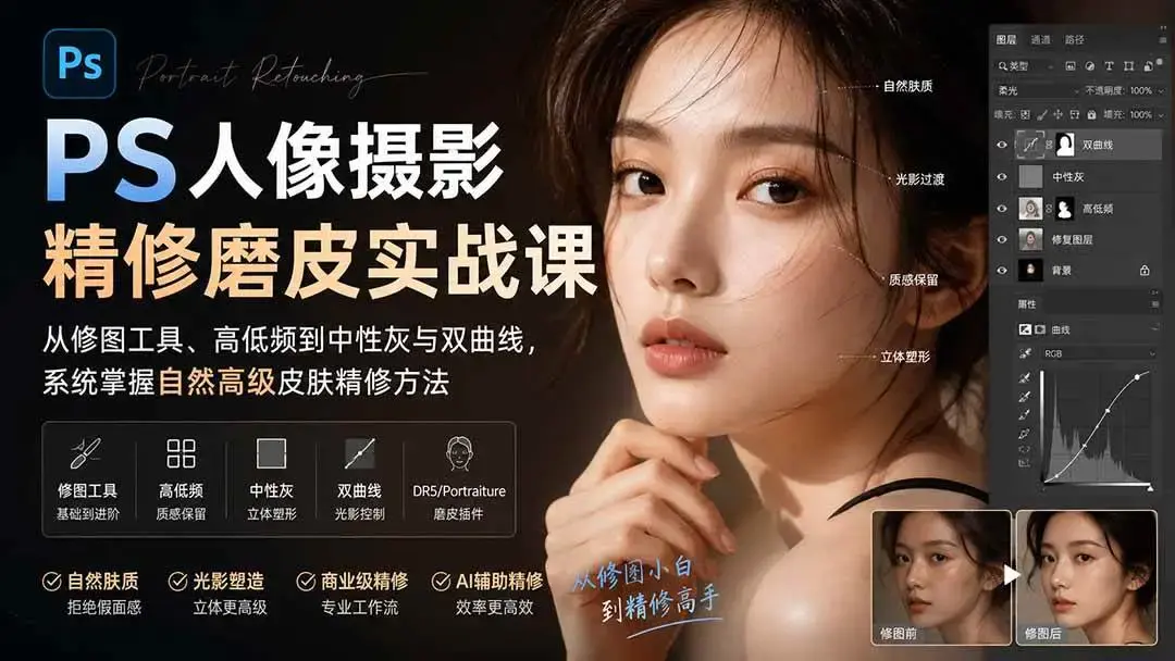 2026版PS人像精修实战课:中性灰、双曲线与高低频高级磨皮全解