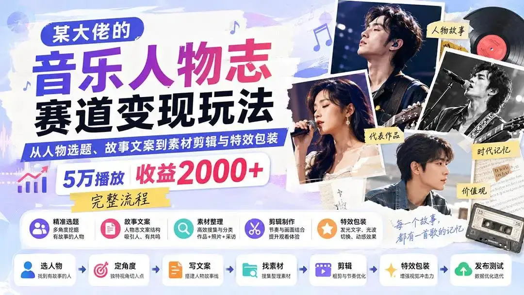 2026版音乐人物志变现全解:5万播放收益2000+的高阶剪辑法