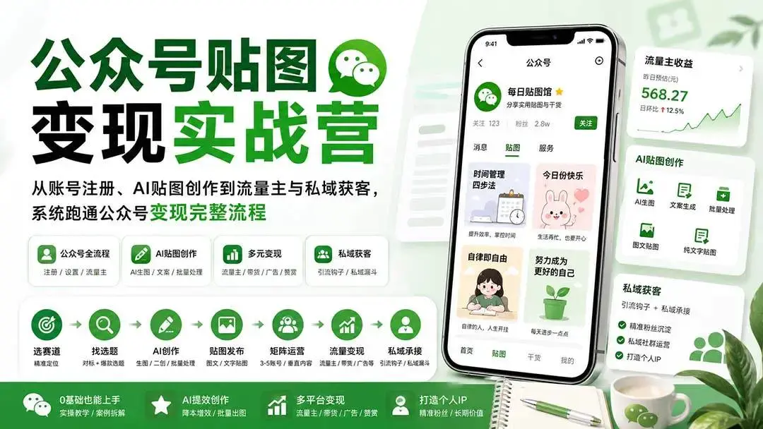 公众号贴图副业变现教程:AI制图、流量主开通与私域引流策略