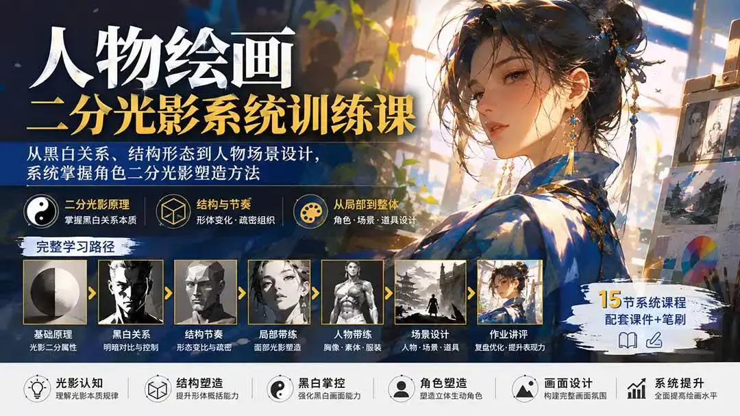2026版人物绘画二分光影实战:告别脏乱灰,结构形态与黑白关系全解