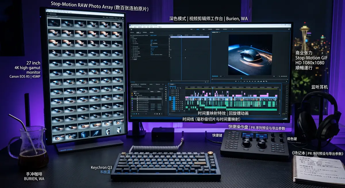 充满极客效率与数字影视工业感的视频剪辑师工作台特写，高配超宽曲面显示器左侧展示着密集的摄影机高清原片阵列，右侧屏幕正运行着 Adobe Premiere Pro 旗舰版，极其紧凑的多轨时间线上正排列着数以百计的定格照片切片，画面预览窗口正播放着极具视觉张力的“高清回旋镖循环动图”，展现极其丝滑、拒绝卡顿的顶级剪辑生产力场景