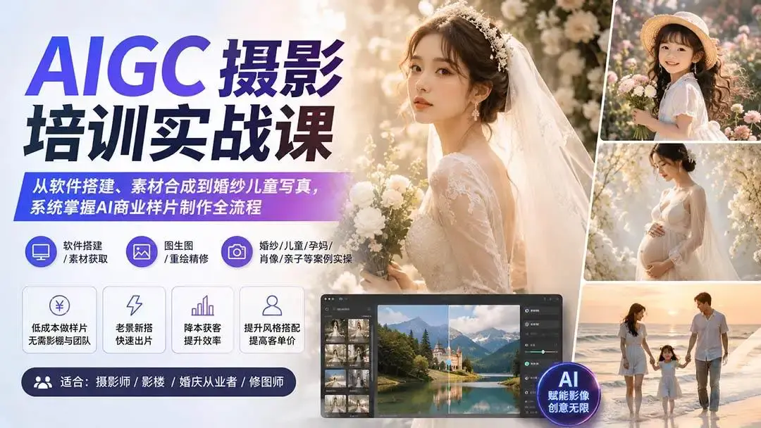 2026版AIGC摄影实战课:零成本量产婚纱儿童商业样片